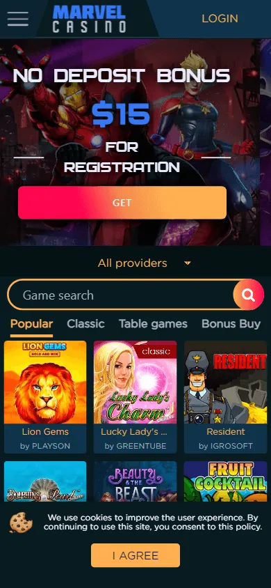 Marvel Casino home on a mobile device