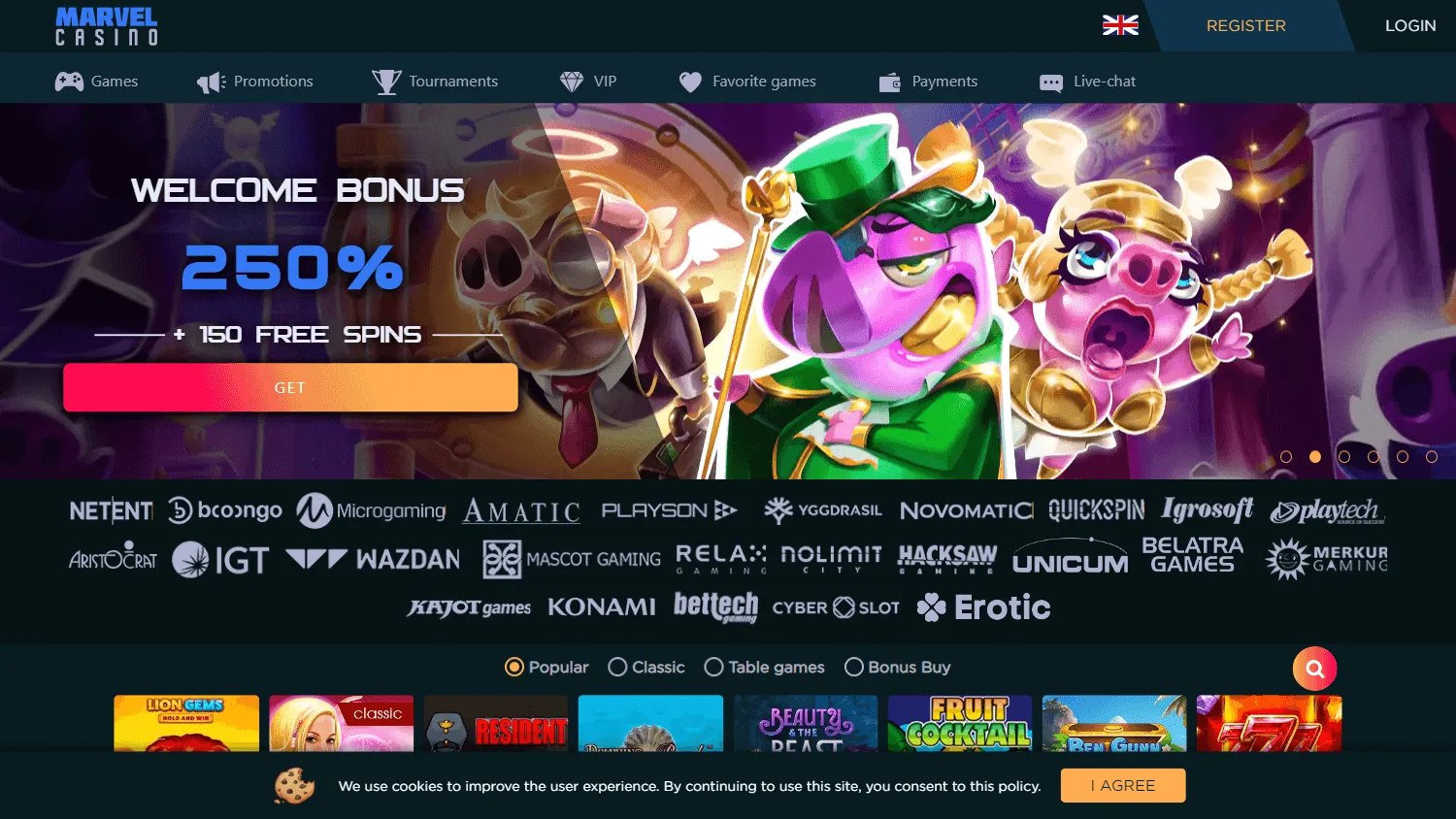Marvel Casino home on desktop